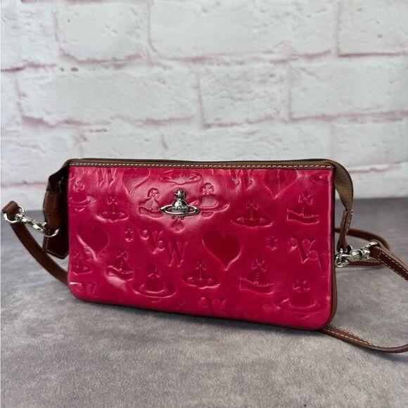 Vivienne Westwood Pink Embossed Leather Women's Bag Crossbody Wallet on Strap - Picture 1 of 15